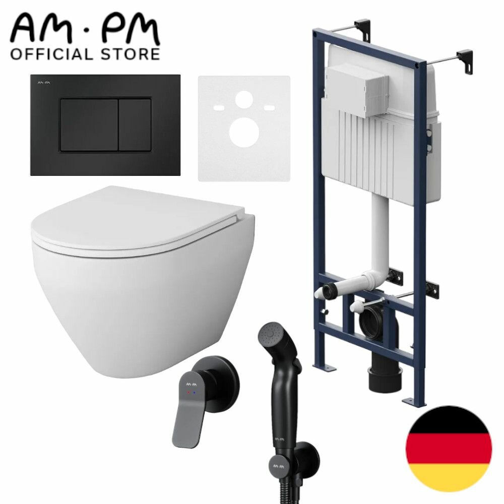 фото Инсталляция с подвесным унитазом AM.PM Jump, с гигиеническим набором X-Joy черный, механическая кнопка Jump S черный матовый, безободковый, быстросъемное сиденье с микролифтом, Германия