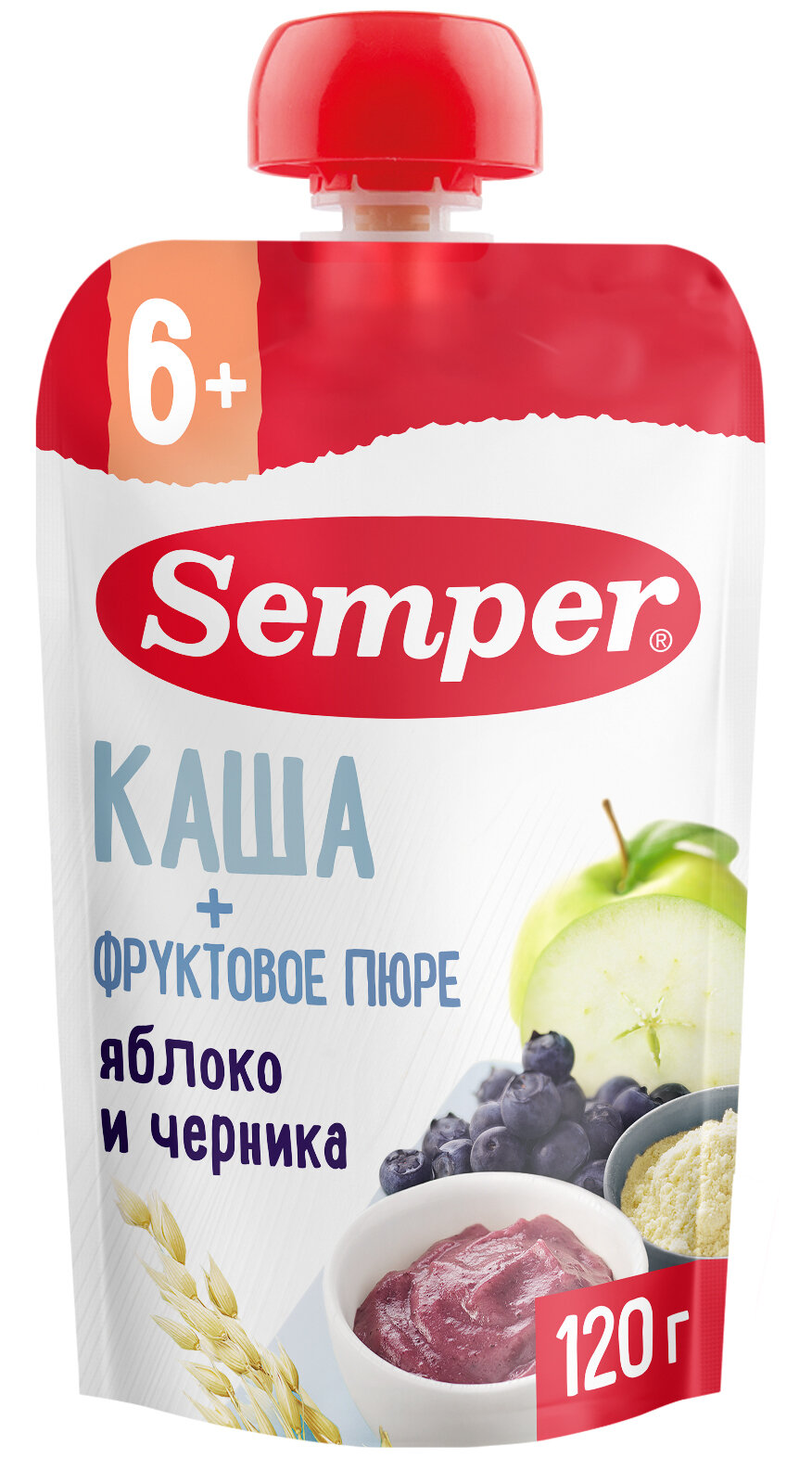 Пюре Semper Яблочно-персиковое с кашей, пауч, 120гр - фото №1