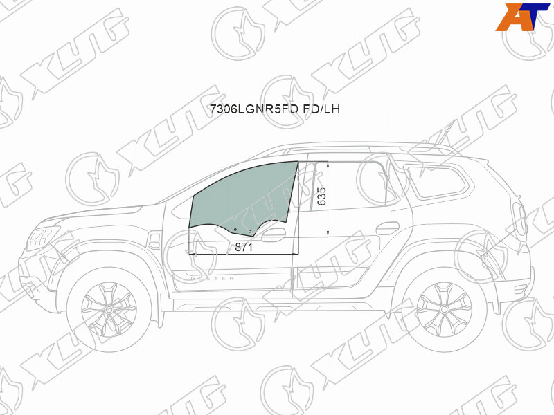 7306LGNR5FD FD/LH Стекло боковое опускное (Спереди/ Слева/ Цвет зеленый) Renault Duster 21- / Dacia Duster 17-