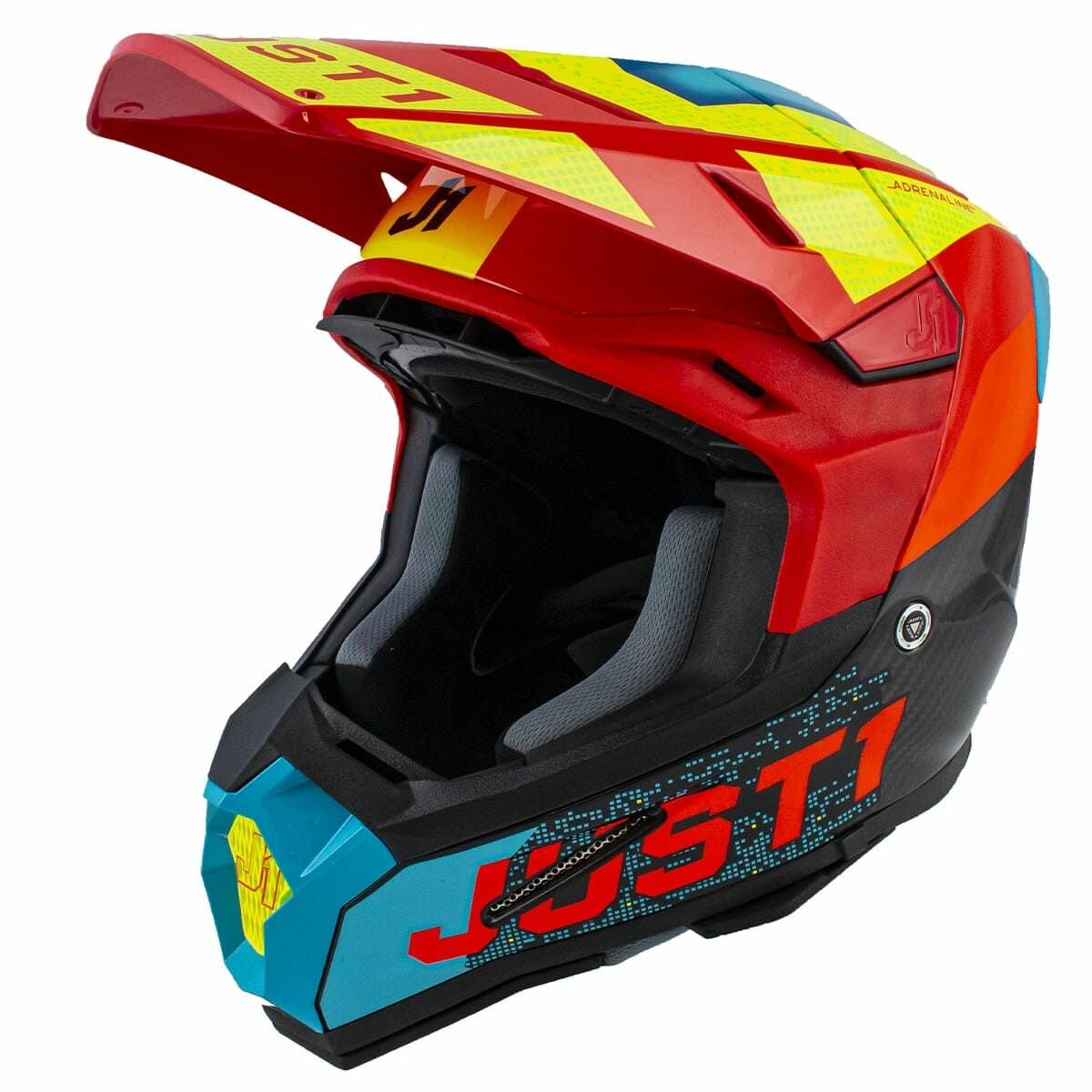 Шлем кроссовый JUST1 J22 Carbon Adrenaline, красный/синий/Hi-Vis желтый глянцевый, L