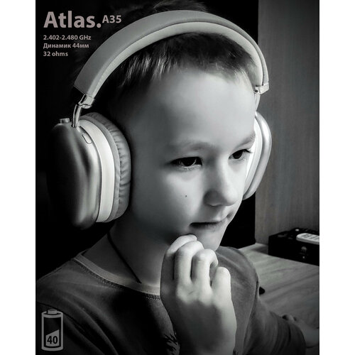 Беспроводные Bluetooth наушники ATLAS А35 с качественным микрофоном. Белые. Заряд на 40ч