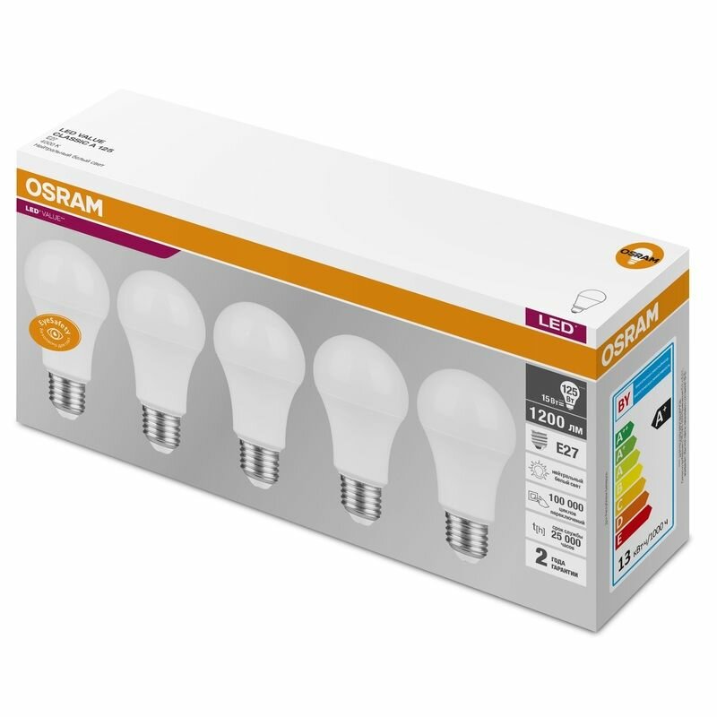 Лампочка светодиодная E27 Osram, 15 Вт, 4000К, груша, 5 шт