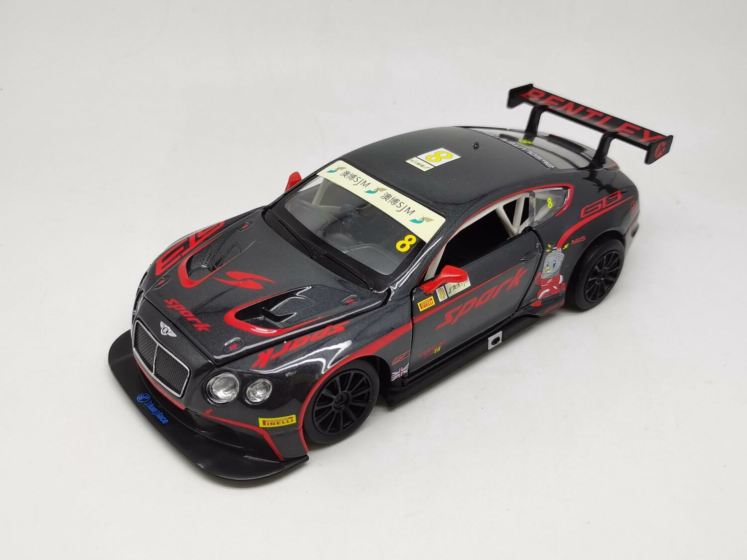 Машинка металлическая MSZ серия 1:43 Bentley continental GT3 цвет серый инерционный механизм двери открываются WE-15954G