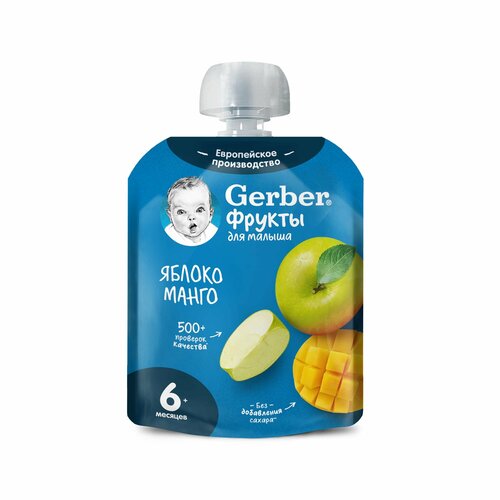 GERBER Фруктовое пюре Яблоко Манго пауч, 90 г пюре фруктовое gerber яблоко груша малина черника с 6 мес 90 г