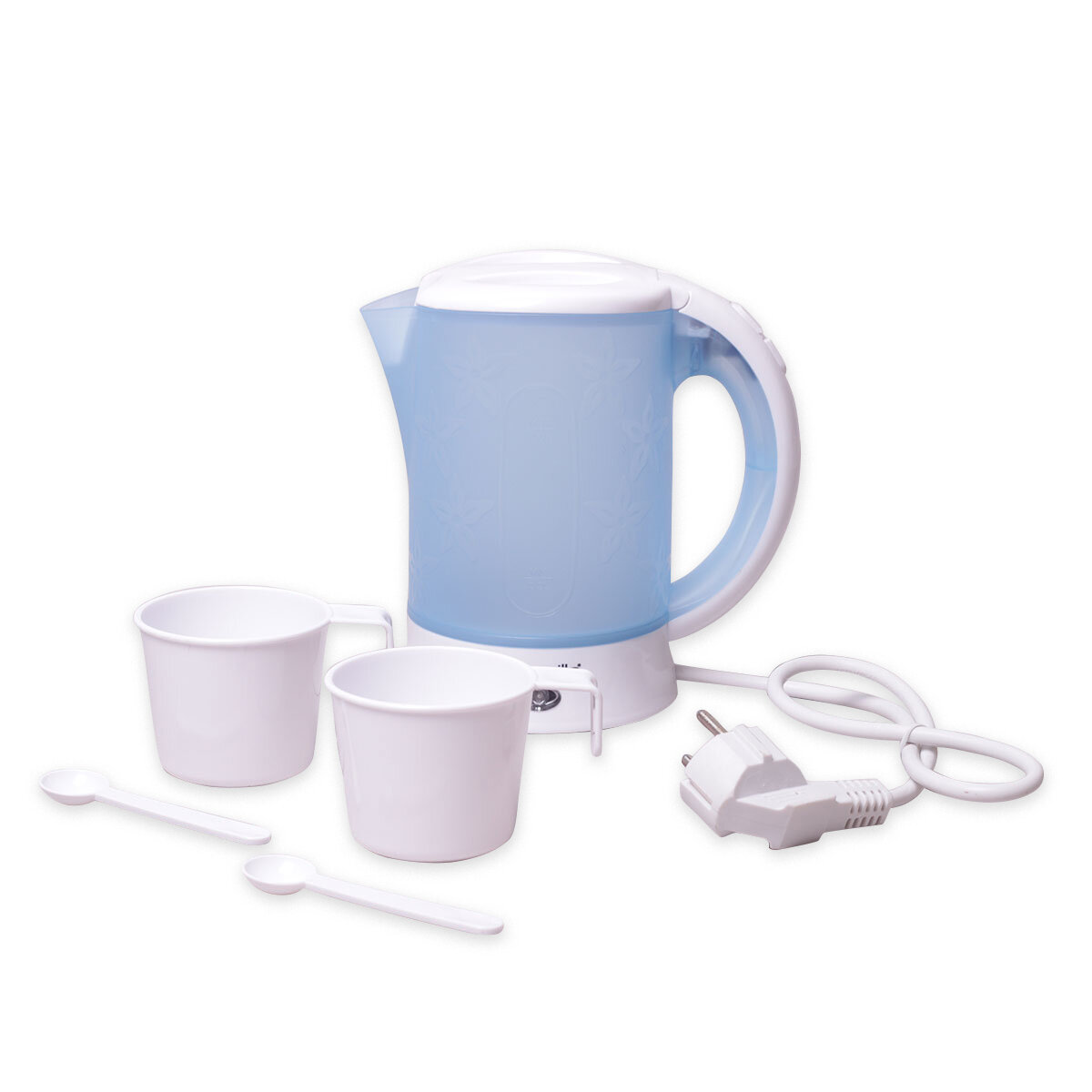 Чайник 0,6 л. электрический пластиковый Kamille KM-1718B белый-голубой c чашками и ложками