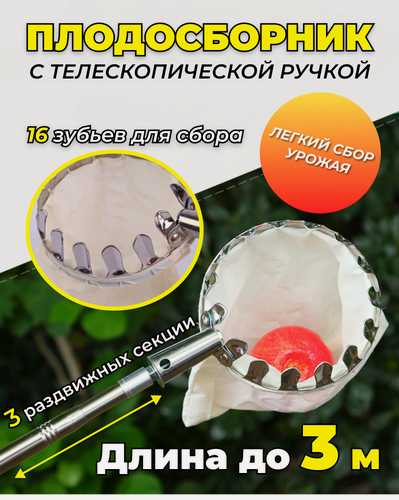 Изображение товара Плодосборник с телескопической ручкой, длина до 3 метров, в сборе