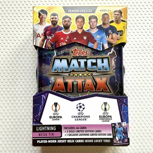 Коробка карточек Topps Match Attax Лига Чемпионов УЕФА. Набор Lightning Mega Tin футбольных коллекционных карт любителям панини.