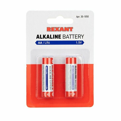 Батарейка алкалиновая REXANT AA 1,5V упаковка 2 шт. 30-1050 , цена за упаковку из 2ух шт rexant алкалиновая батарейка aa lr6 1 5 v 12 шт rexant