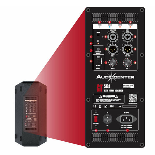 Audiocenter GT508A активная акустическая система, 8" НЧ динамик, 1" ВЧ драйвер Beyma, усилитель класса D, мощность RMS 1100Вт, SPL 125 дБ, рым-болты в комплекте, 245x447x320мм,13 кг
