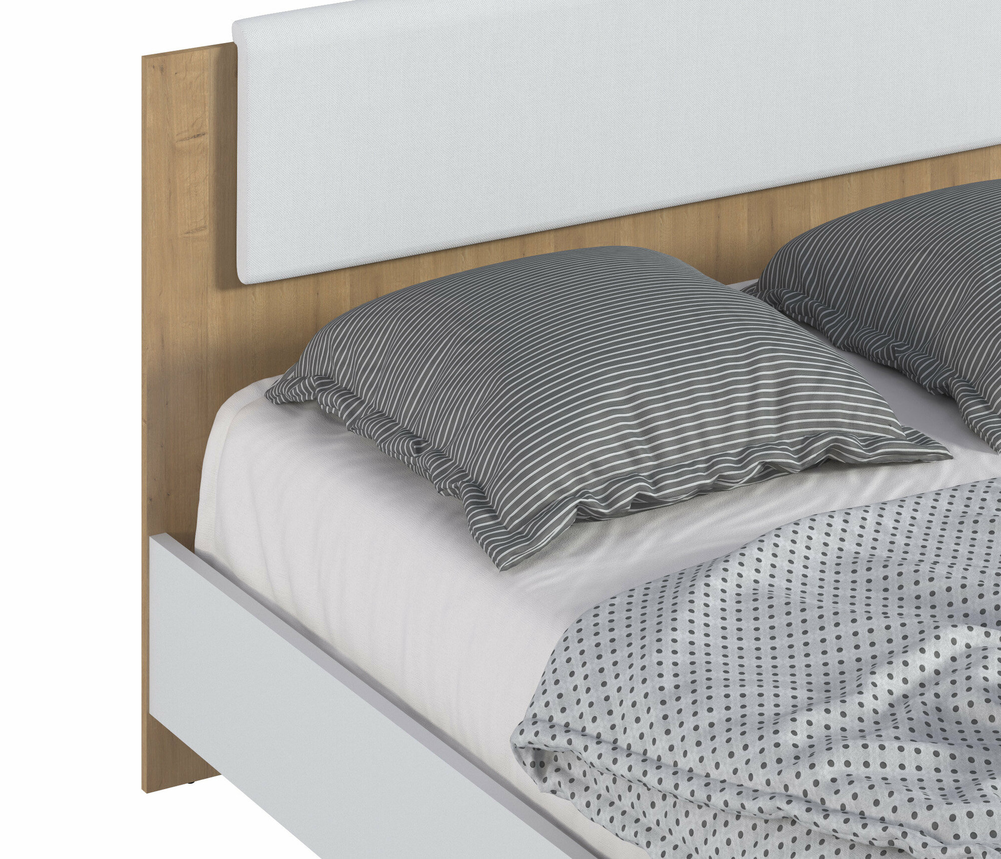 Двуспальная кровать столплит Мальта СБ-3270 с основанием, без матраса, с мягким изголовьем, спальное место 160х200см, Белый/Дуб Гамильтон 208х103х166см