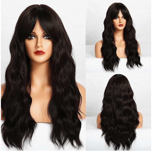 Черный парик волнистый с челкой