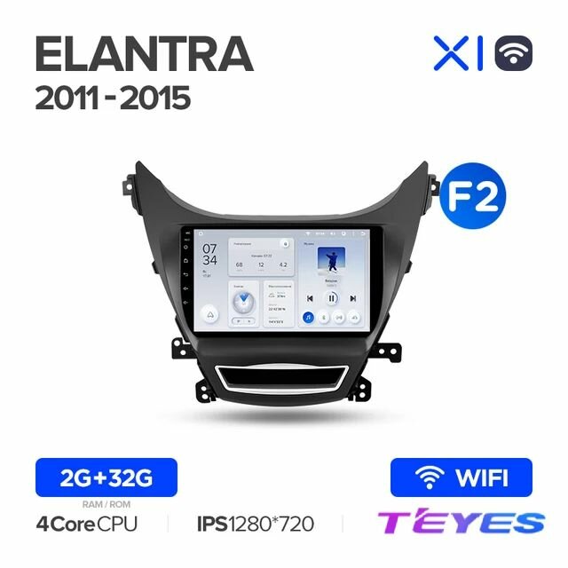 Магнитола Hyundai Elantra 5 JK GD MD UD 2010-2016 (Комплектация F2) Teyes X1 Wi-Fi 2/32GB, штатная магнитола, 4-ёх ядерный процессор, IPS экран, Wi-Fi, 2 DIN
