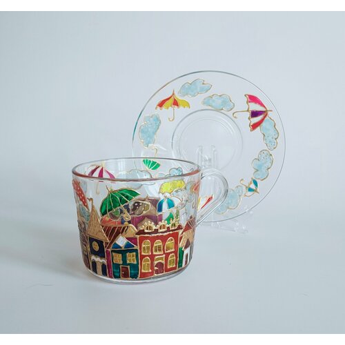 Кружка авторская, чашка с блюдцем с витражной росписью 