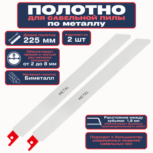 Полотно для сабельной пилы по металлу 225 мм 2 шт изготовлено из биметалла Обеспечивает прямой и чистый рез металла максимальную производительность и долгий срок службы при решении сложных задач 1065₽