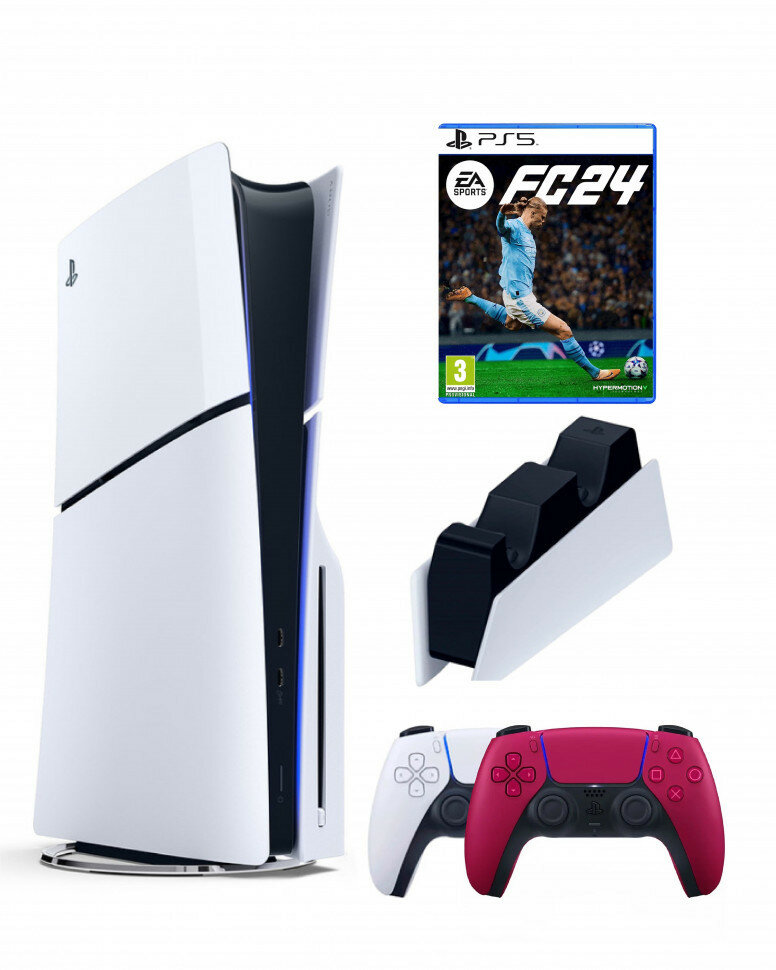 Приставка Sony Playstation 5 slim 1 Tb+2-ой геймпад(красный)+зарядное+FC24