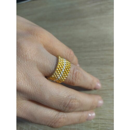 Кольцо плетеное, бисер, стекло, размер 17, золотой, серебряный кольцо из бисера yinyang
