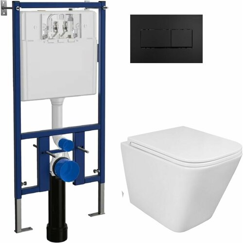 Инсталляция с подвесным унитазом Loranto + Azuma PRO-02 безободковый, с сиденьем микролифт + кнопка черная матовая