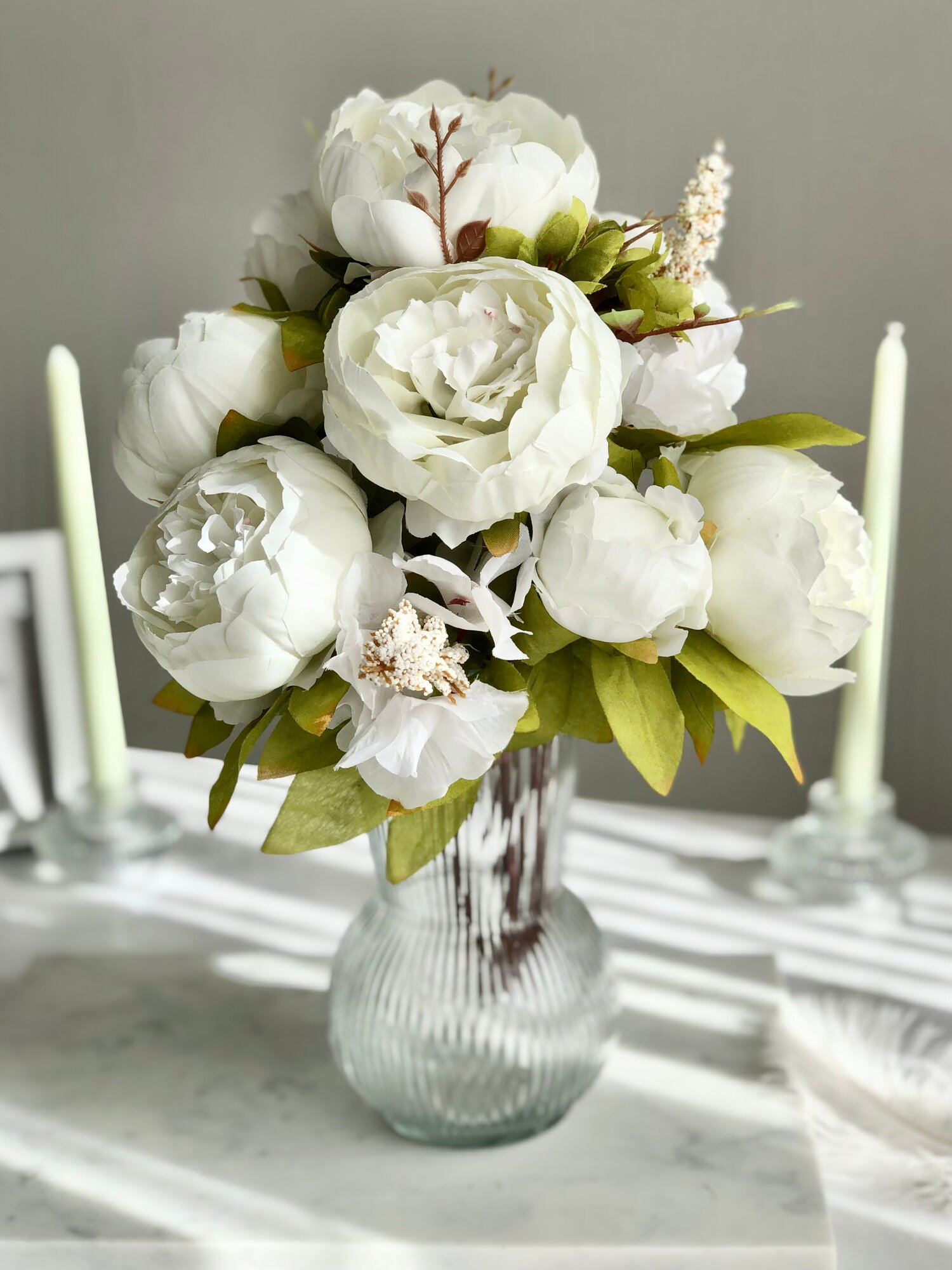 Искусственные цветы пионы для декора / Декоративный букет / Цветочная композиция, 45 см, белый
