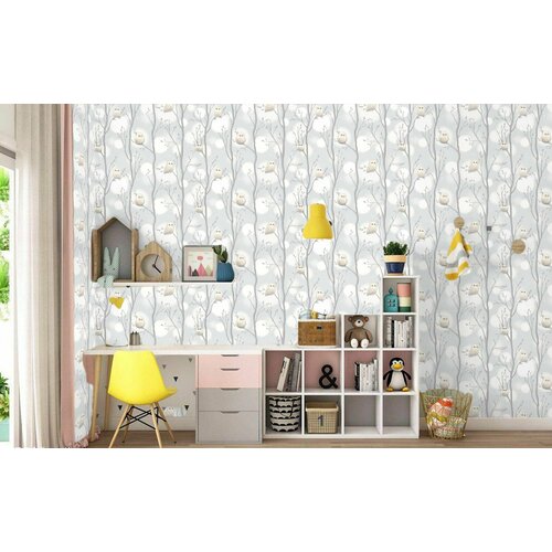 Обои светящиеся детские с рисунком Совы 114 виниловые на флизелине 1,06*10м в детскую комнату для разнополых детей серые