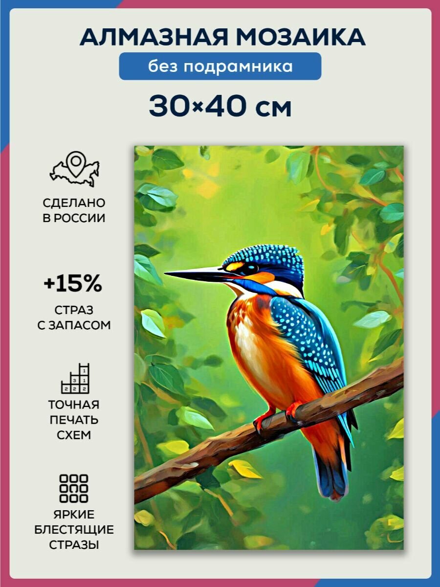 Алмазная мозаика 30x40 Яркий зимородок без подрамника