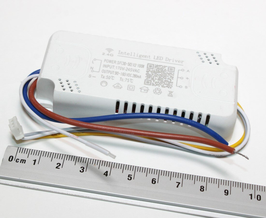 90-165VDC, 2х280mA, вх.170-245VAC, 100W, IC-2.4G intelligent led driver LD302-RF-50x2W-SoftLight, Драйвер тока для люстры двухканальный c RF-пультом (отдельно), Средний тёмный провод - плюс, управление до 30м