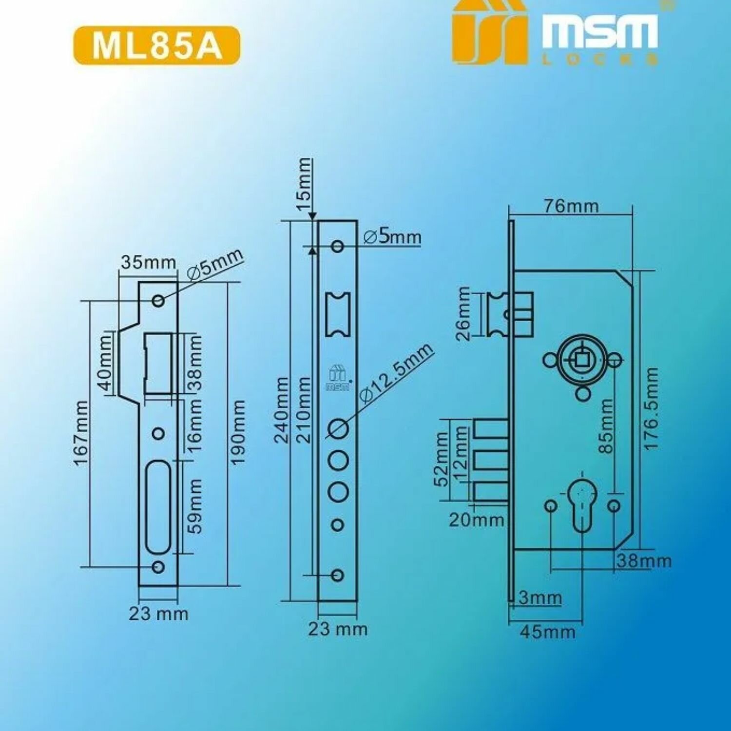 Корпус замка врезного ML85A CR (Хром) MSM межосевое расстояние 85 мм — фото 1