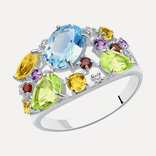 Изображение товара Кольцо, серебро, 925 проба, родирование, гранат, хризолит, фианит, топаз, цитрин, аметист