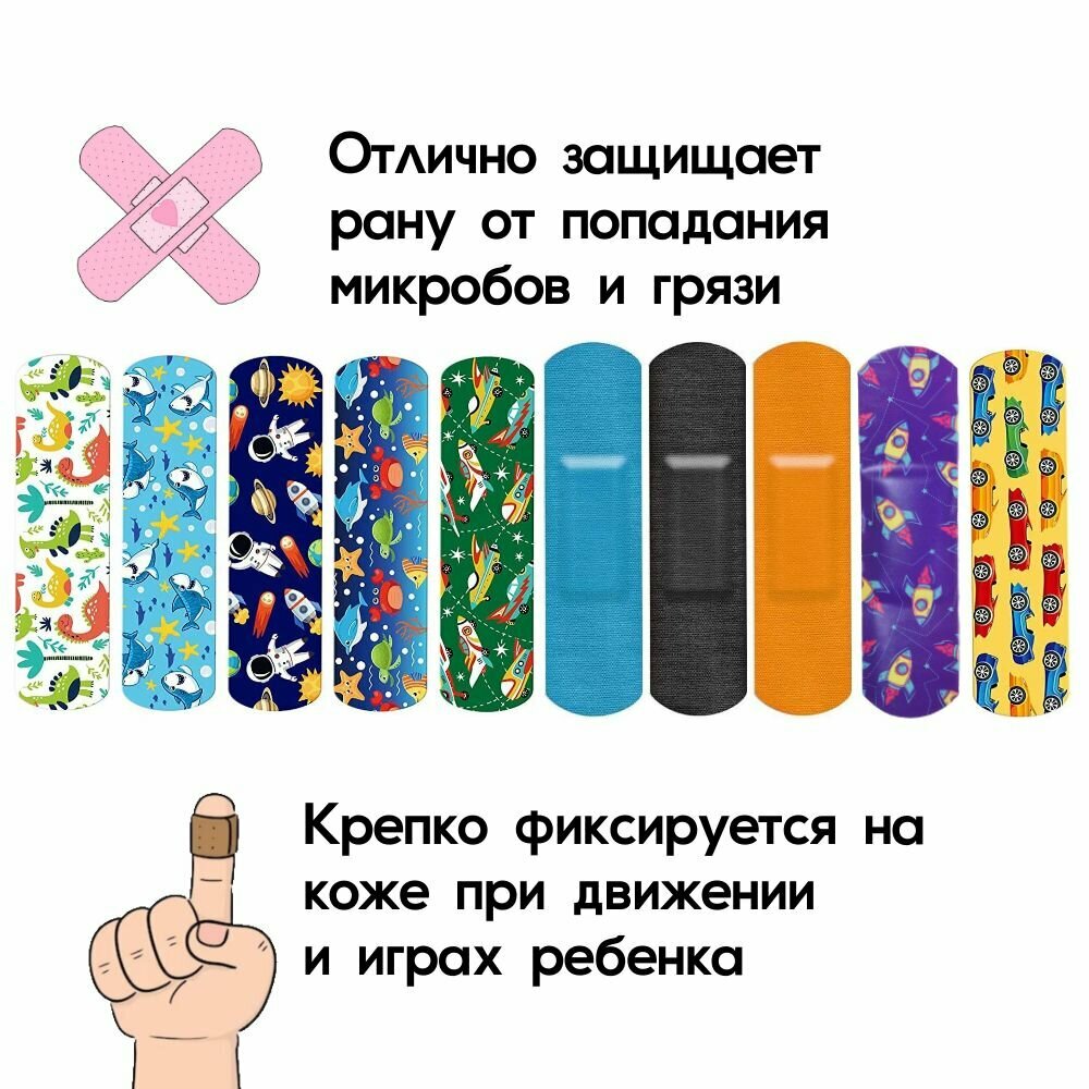 Картинки Пластырь детский бактерицидный с рисунком Космос/Динозавр/Машинка. Набор №2. Размер 72х19 мм, 30 штук, лейкопластырь на полимерной основе.
