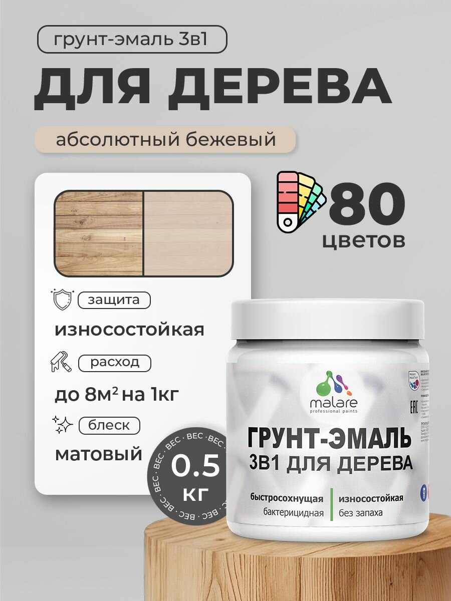 Акриловая Грунт-Эмаль 3 в 1 Malare для деревянных поверхностей/ краска по дереву с антисептическим эффектом/ быстросохнущая моющаяся без запаха матовая, абсолютный бежевый, 0.5 кг