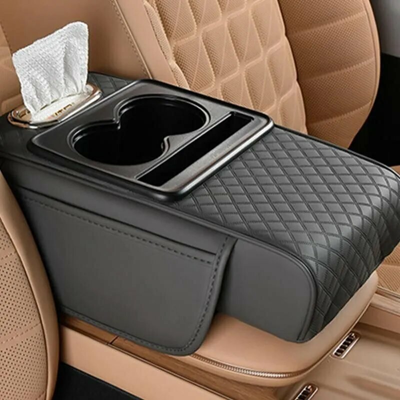 Подлокотник автомобильный, светло-серый， кожа, 35 x 21 x 7,5см, с подстаканниками и салфетницей