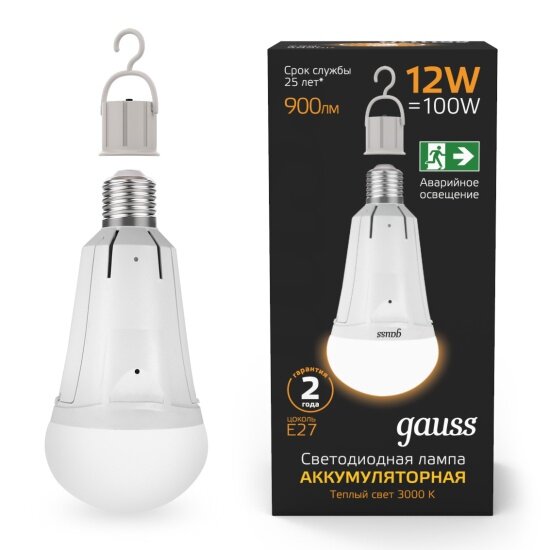 Лампа Gauss A80 12W 900lm 3000K Е27 авар. с Li-Ion аккумулятором LED 1/5/50