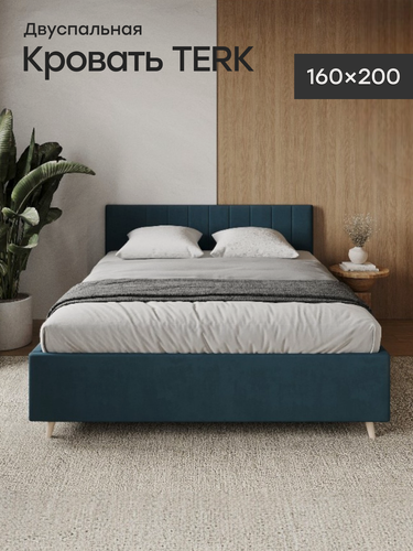 Изображение товара Двуспальная кровать 160х200 "TERK" с мягким изголовьем для дома, для спальни. Велюр темно-синий Dakota 19