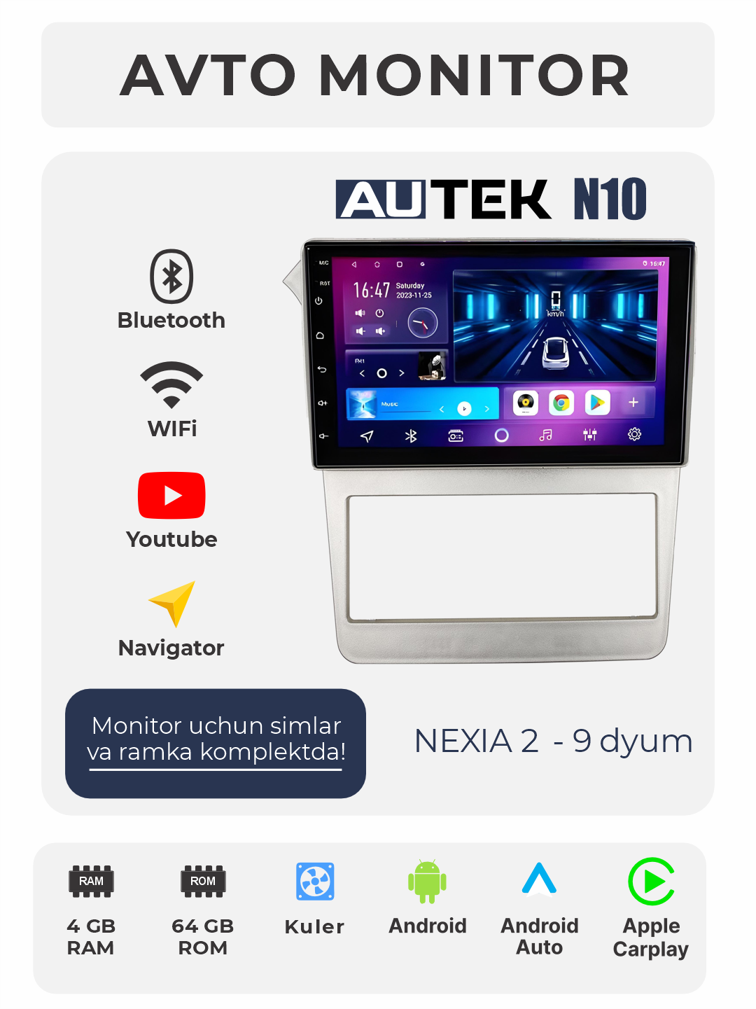 Авто монитор Tesla, AUTEK N10, 9/10.2" 4+64 ГБ WiFi кулер, и проводами с рамкой или без