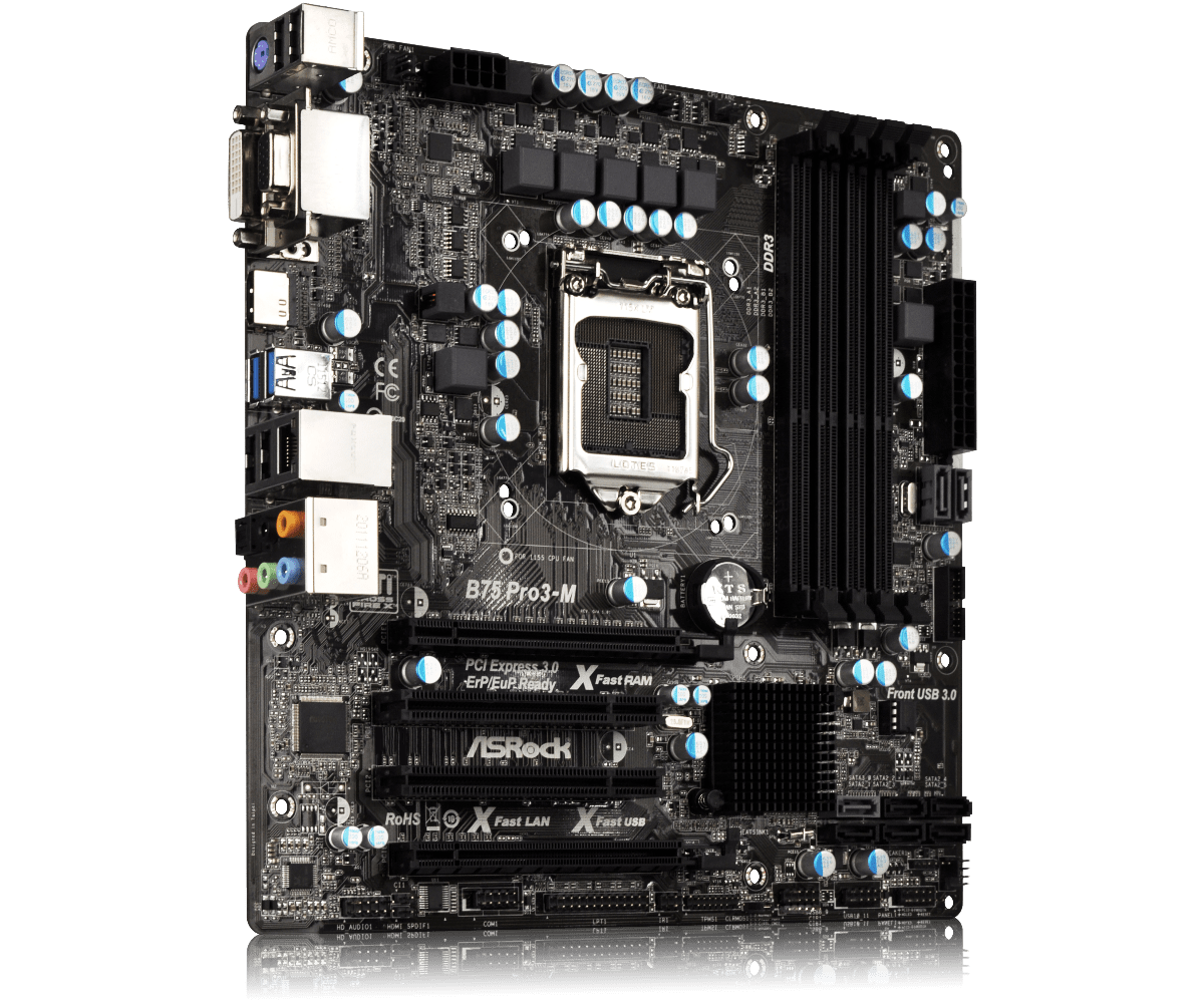 Материнская плата ASRock B75 Pro3-M LGA1155 2xPCI-E+Dsub DVI HDMI+GbLAN SATA MicroATX 4DDR3