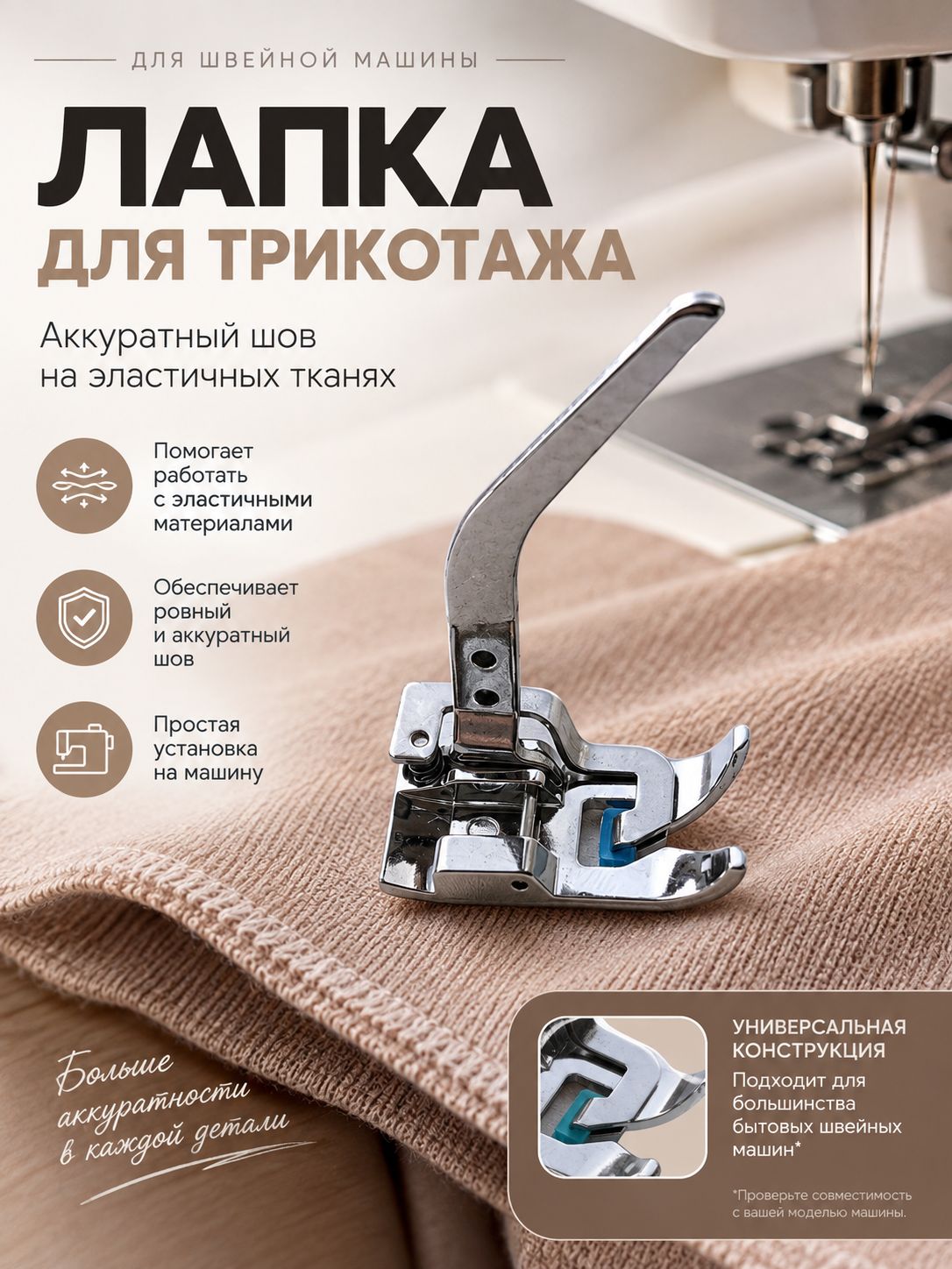Лапка для швейной машины. Лапка для трикотажа, тонких тканей и эластичных материалов, шагающая