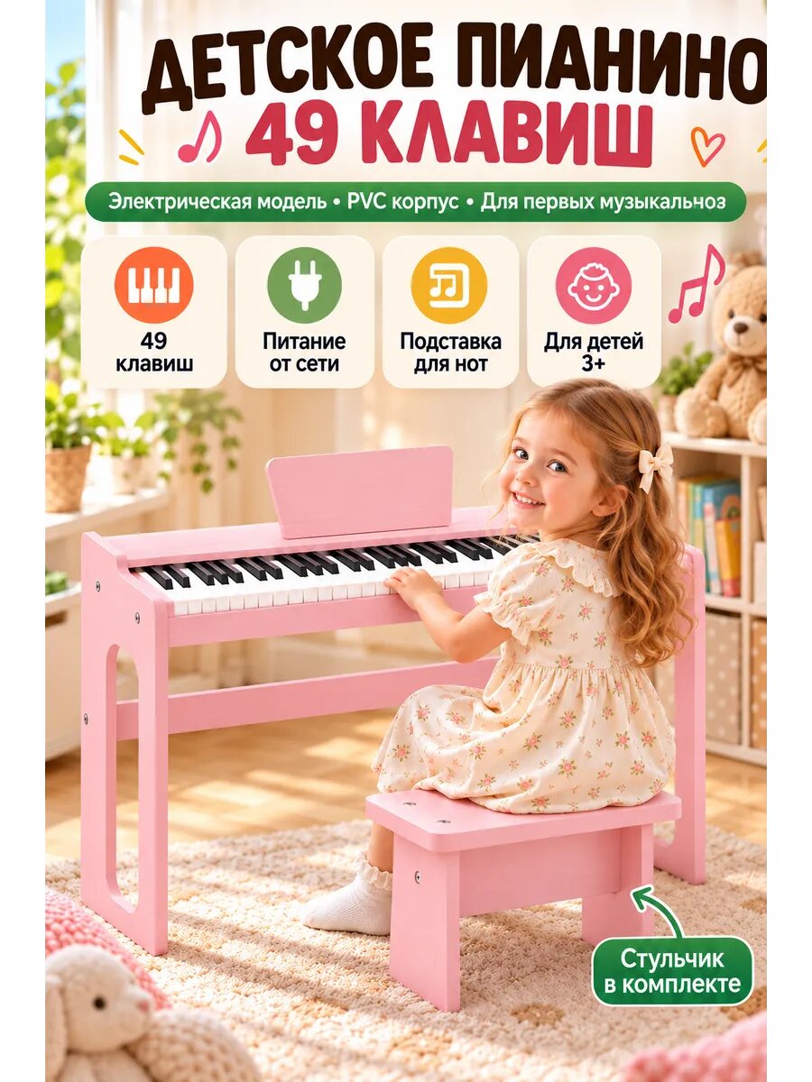 Детское пианино 49 клавиш со стульчиком, электрическое