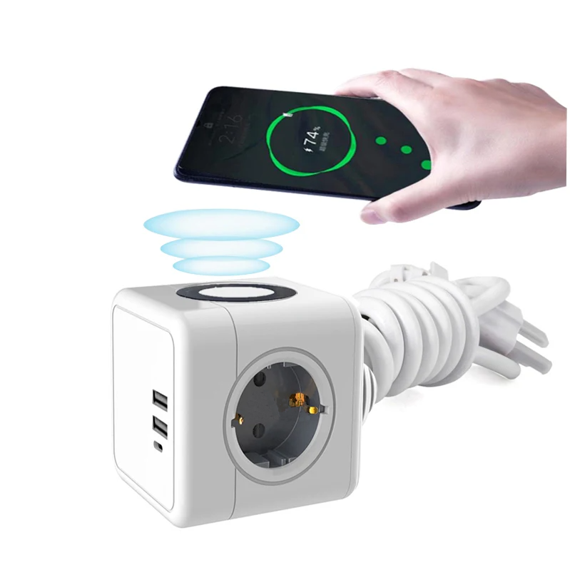 фото Сетевой фильтр с беспроводной зарядкой, Type-C , USB - тройник, зарядка