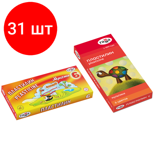 Комплект 31 шт, Пластилин Гамма Мультики, 06 цветов, 120г, со стеком, картон. упаковка