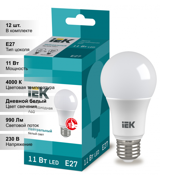 (12 шт.) Светодиодная лампочка IEK A60 11Вт 230В 4000К E27