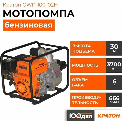 Мотопомпа бензиновая Кратон GWP-100-02H мотопомпа кратон gwp 25 02h 1 97 л с 133