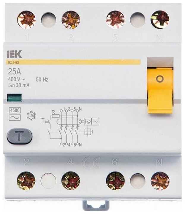 Выключатель дифференциальный (УЗО) ВД1-63 4Р 25А 30мА IEK, цена за 1 шт
