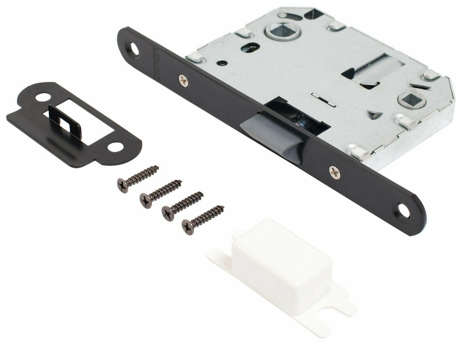 фото Защелка межкомнатная, с фиксатором (без ручек ) аллюр АРТ L7050PR BL (матовый черный) пластиковая овальная планка18мм