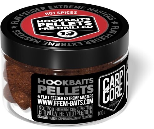 Насадочный пеллетс FFEM Hookbaits Pellets Hot Spices 13mm Острые специи 100г / Растворимый пеллетс с отверстием 13 мм