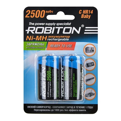 Аккумулятор Ni-Mh 2500 мА·ч 1.2 В ROBITON C HR14 Baby 2500, в упаковке: 2 шт. аккумулятор ni mh 2500 ма·ч 1 2 в energizer accu recharge power plus c в упаковке 2 шт