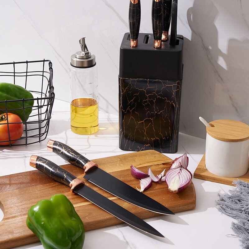 Набор кухонных ножей "THE HOME". Универсальные ножи 6 предметов с подставкой и мраморным принтом - фотография № 8