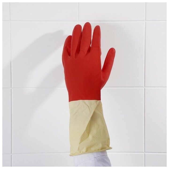 Перчатки хозяйственные резиновые Доляна, размер XL, плотные, 50 гр, цвет красный - фотография № 7