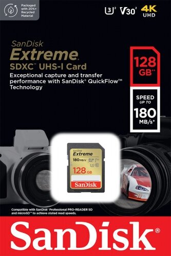 Карта памяти SANDISK 128Gb Extreme SDXC Class 10 UHS-I U3 V30 (180/90 MB/s)