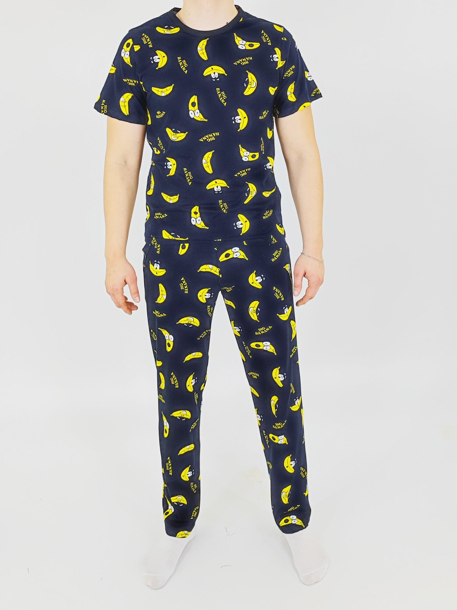 Мужская пижама, мужской пижамный комплект ARISTARHOV, Футболка + Брюки, Бананчик, синий желтый, размер 46 - фотография № 6
