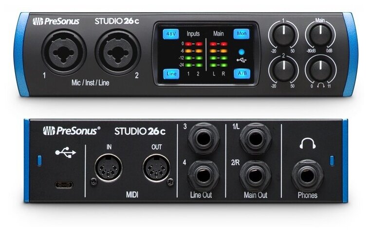 PreSonus Studio 26C аудио/MIDI интерфейс, USB-C 2.0, 2 вх/4 вых каналов, предусилители XMAX, до 24 бит/192кГц, MIDI I/O, ПО StudioLive Artist