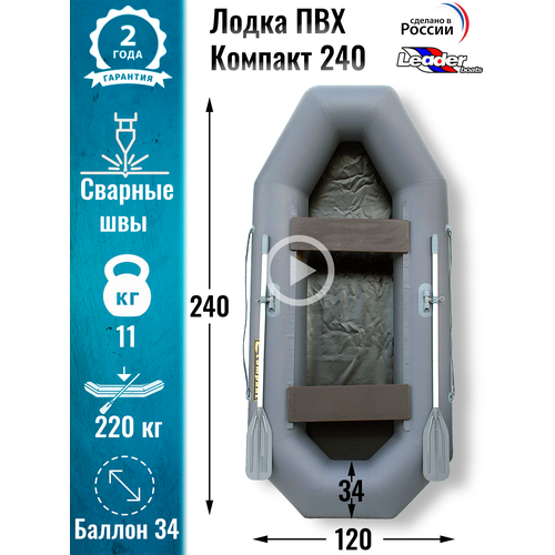 Leader boats/Надувная лодка ПВХ Компакт 240 натяжное дно (серый)
